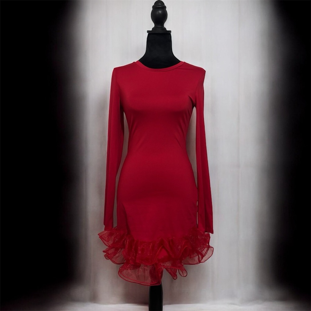 SHEIN Red Long Sleeve Dress with Ruffle Hem